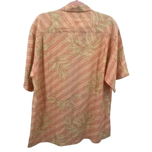 Tommy Bahama Relax Shirt Mens Medium Peach Silk Tropical Leaf Stripe Camp Button - Picture 2 of 6